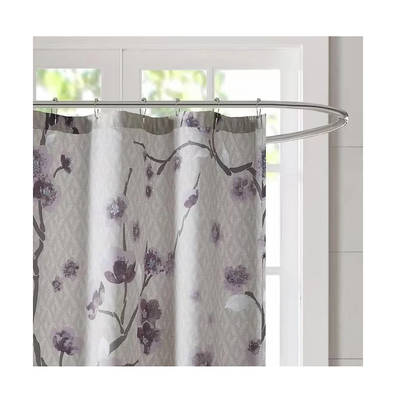 Slickblue Cotton Shower Curtain with Purple Grey Beige Floral Blossom Pattern
