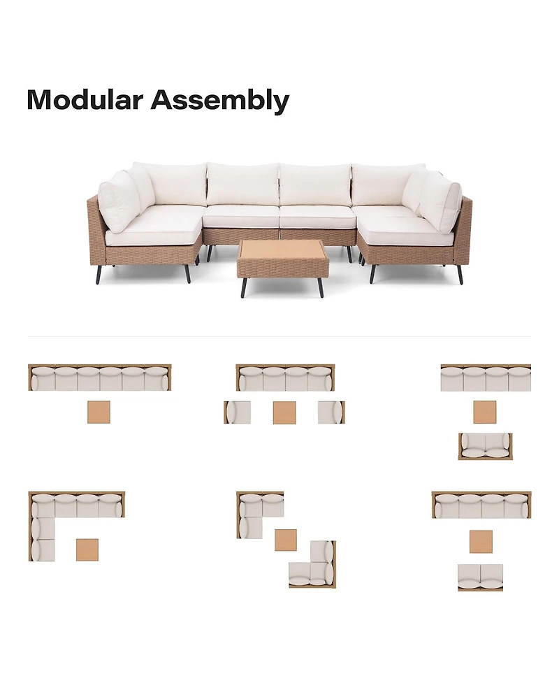 Decksplore 7 Piece Outdoor Sectional Sofa Pe Rattan Wicker Patio Conversation Sets, All Weather Patio Furniture Set