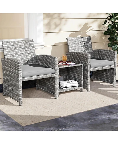 Costway 3 Pcs Patio Furniture Set with Tempered Glass Coffee Table & Soft Seat Cushions
