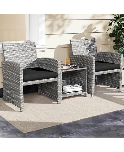 Costway 3 Pcs Patio Furniture Set with Tempered Glass Coffee Table & Soft Seat Cushions