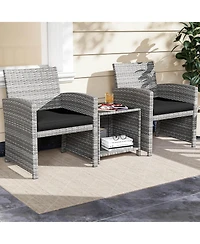 Costway 3 Pcs Patio Furniture Set with Tempered Glass Coffee Table & Soft Seat Cushions