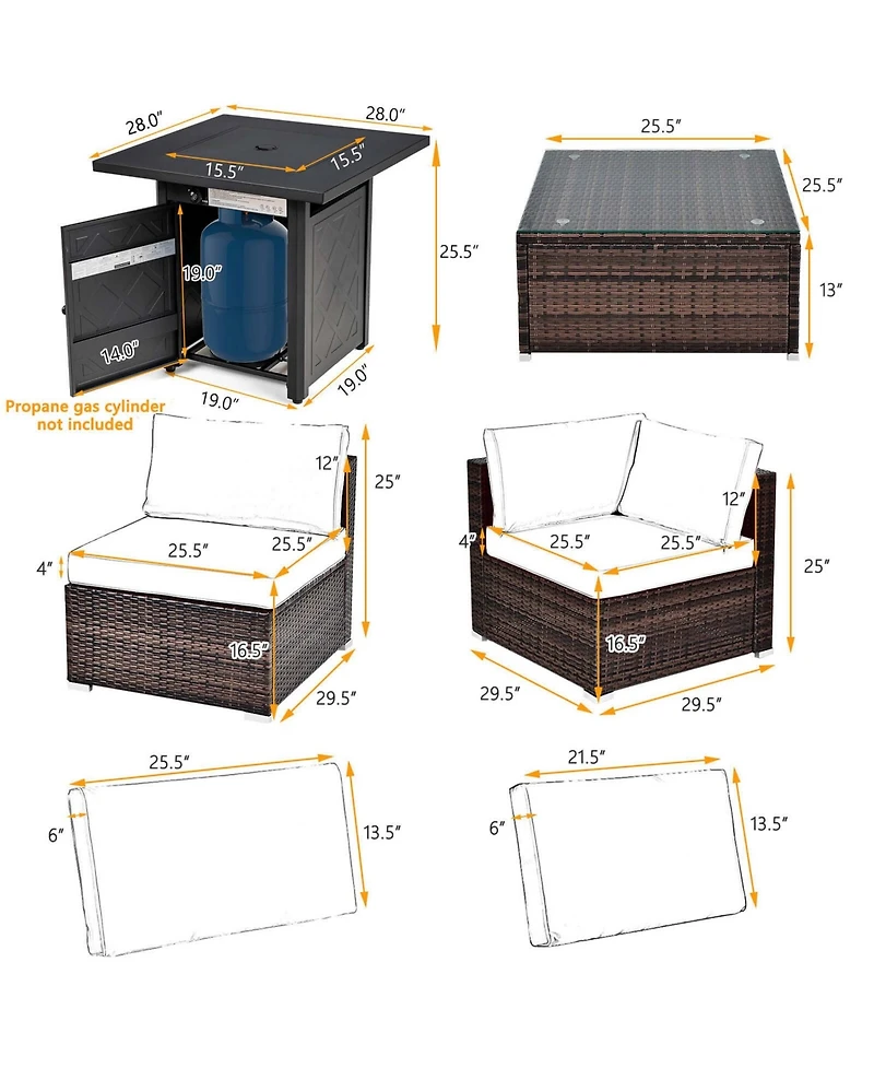 Costway 7 pieces Patio Furniture Set with 28" 50000 Btu Propane Gas Fire Pit Table Cushions