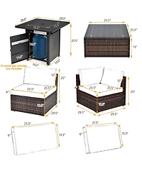 Costway 7 pieces Patio Furniture Set with 28" 50000 Btu Propane Gas Fire Pit Table Cushions
