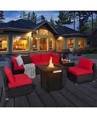 Costway 7 pieces Patio Furniture Set with 28" 50000 Btu Propane Gas Fire Pit Table Cushions
