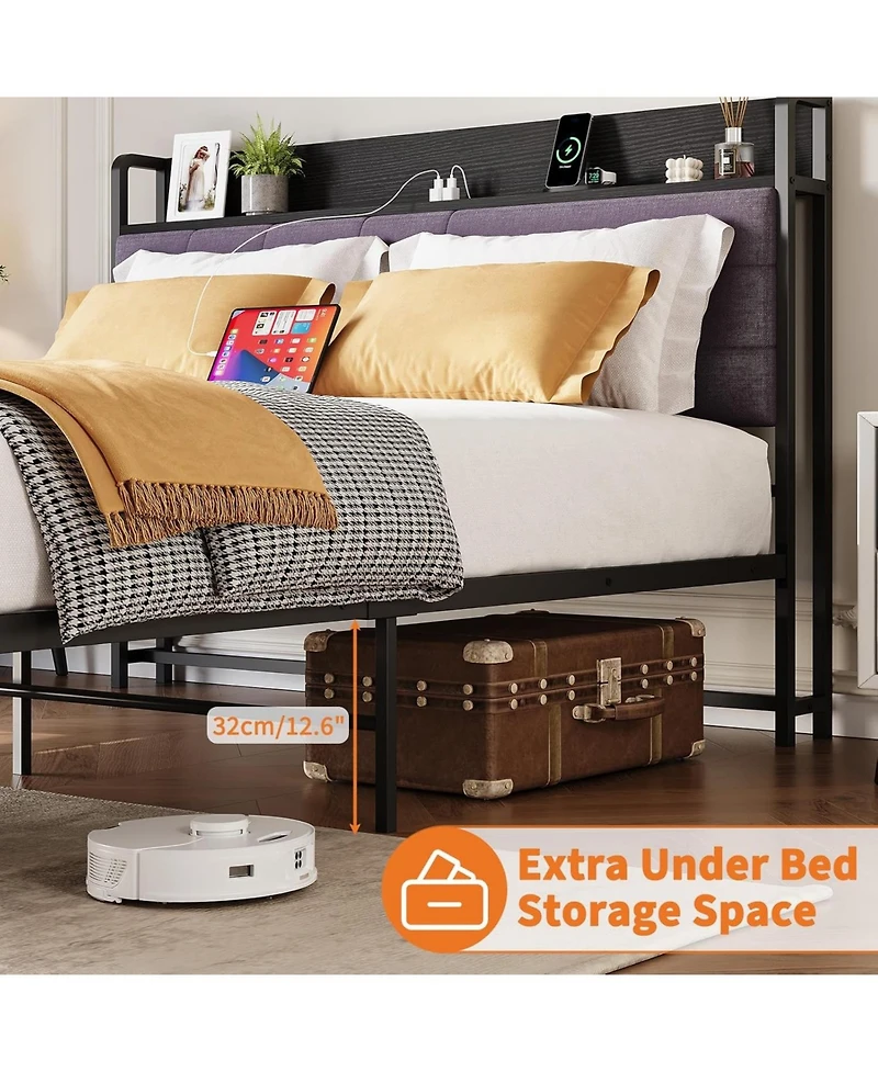 gaomon Full Bed Frame with Storage Drawers and Charging Station,Upholstered Headboard Bed with 2-Tier Storage Shelf, Metal Platform Bed Frame