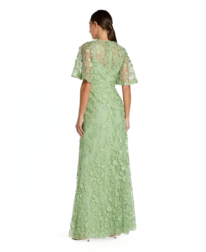 Mac Duggal Women's Flutter Sleeve Floral Emboridered Net Gown