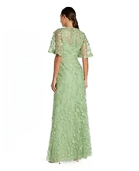 Mac Duggal Women's Flutter Sleeve Floral Emboridered Net Gown