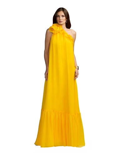 Mac Duggal Women's One Shoulder Chiffon Maxi Gown with 3D Rosette