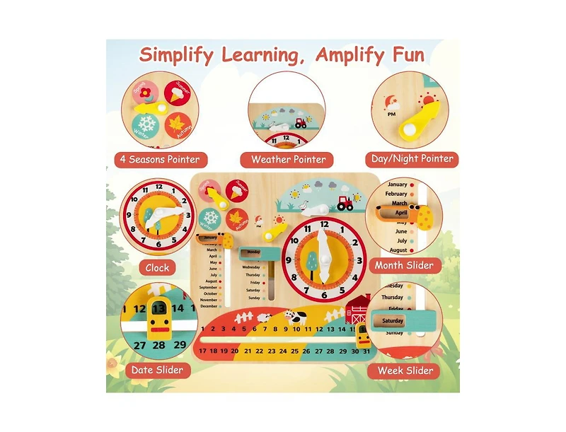 Slickblue Montessori Wooden Learning Clock Toy for Toddlers and Seasons