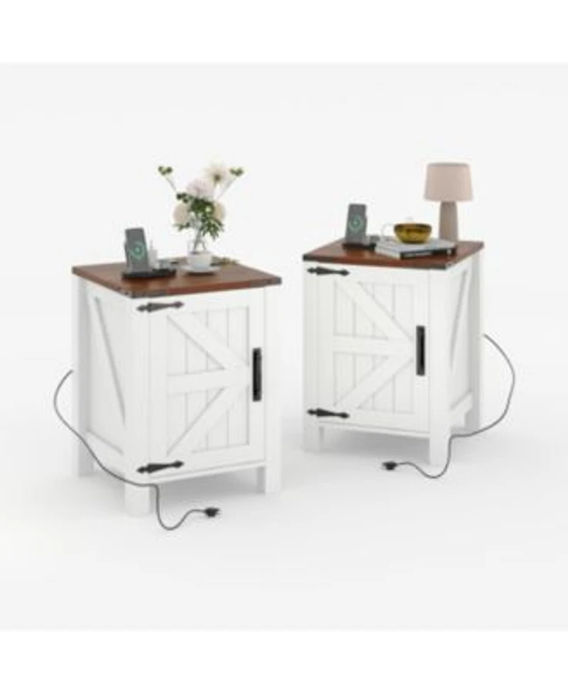 Gaomon Rustic Farmhouse Nightstand With Charging Station Barn Door Adjustable Storage Shelf Wooden Small Table 2pcs