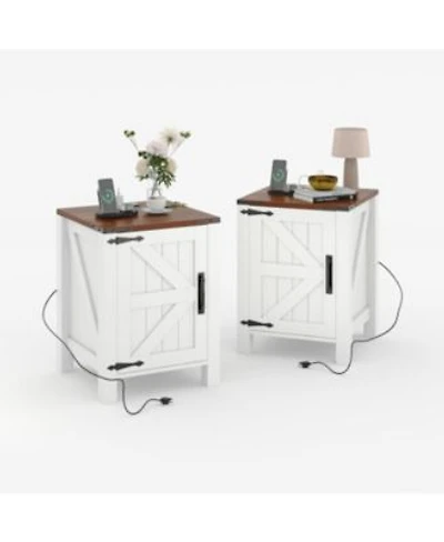 Gaomon Rustic Farmhouse Nightstand With Charging Station Barn Door Adjustable Storage Shelf Wooden Small Table 2pcs