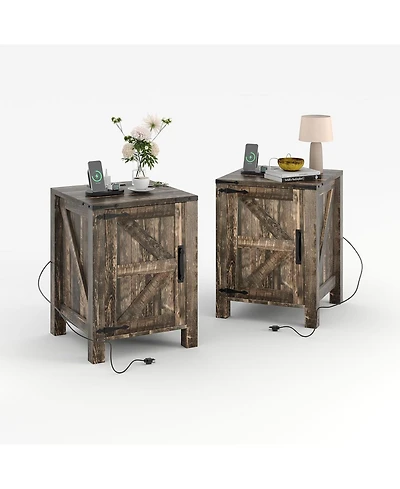 gaomon Rustic Farmhouse Nightstand with Charging Station, Barn Door & Adjustable Storage Shelf