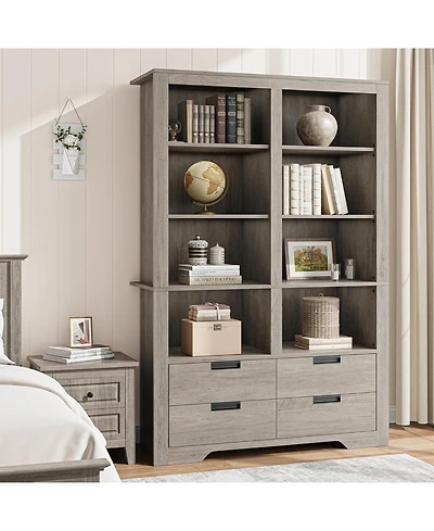 gaomon 72" Tall Bookshelf with 4 Drawers, Farmhouse 6-Tier Double Wide Bookcase Storage, Large Freestanding