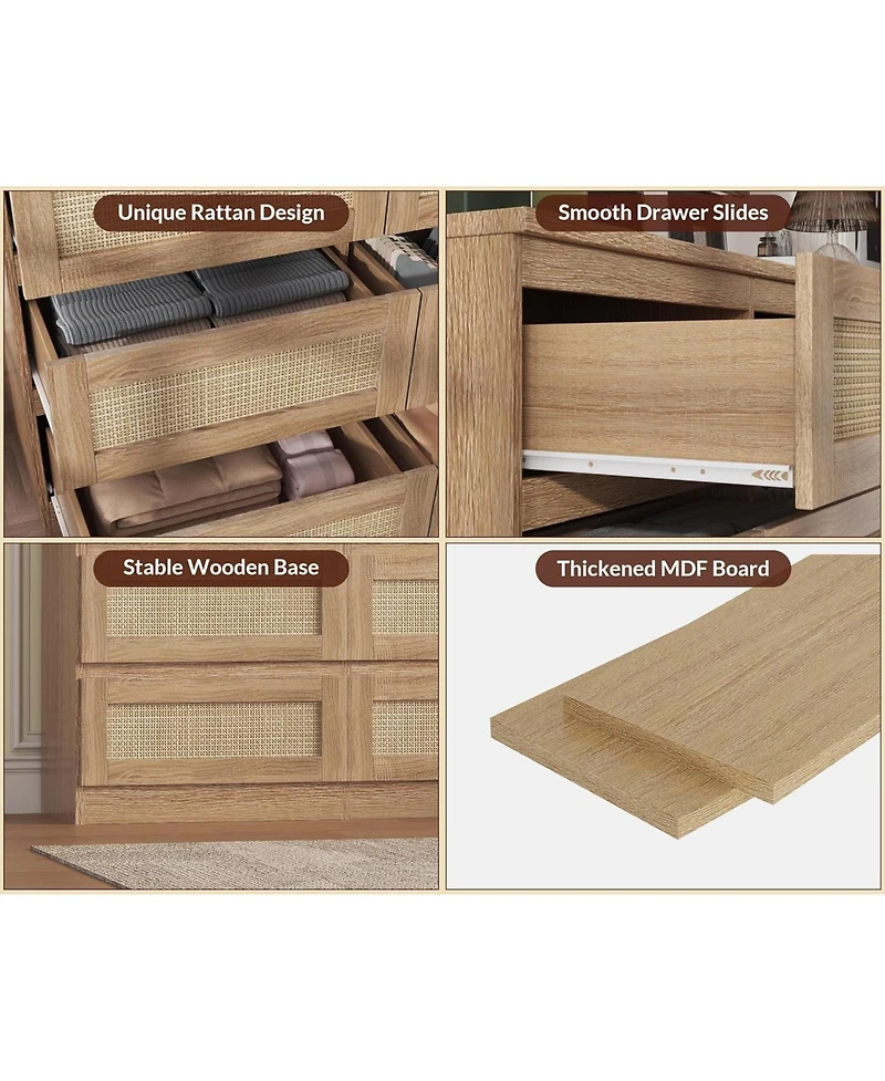 Gamon 9 Drawer Natural Farmhouse Rattan Dresser with Charging Station, Sturdy Wooden Storage Organizer for Bedroom Closet Entryway