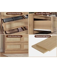 Gamon 9 Drawer Natural Farmhouse Rattan Dresser with Charging Station, Sturdy Wooden Storage Organizer for Bedroom Closet Entryway