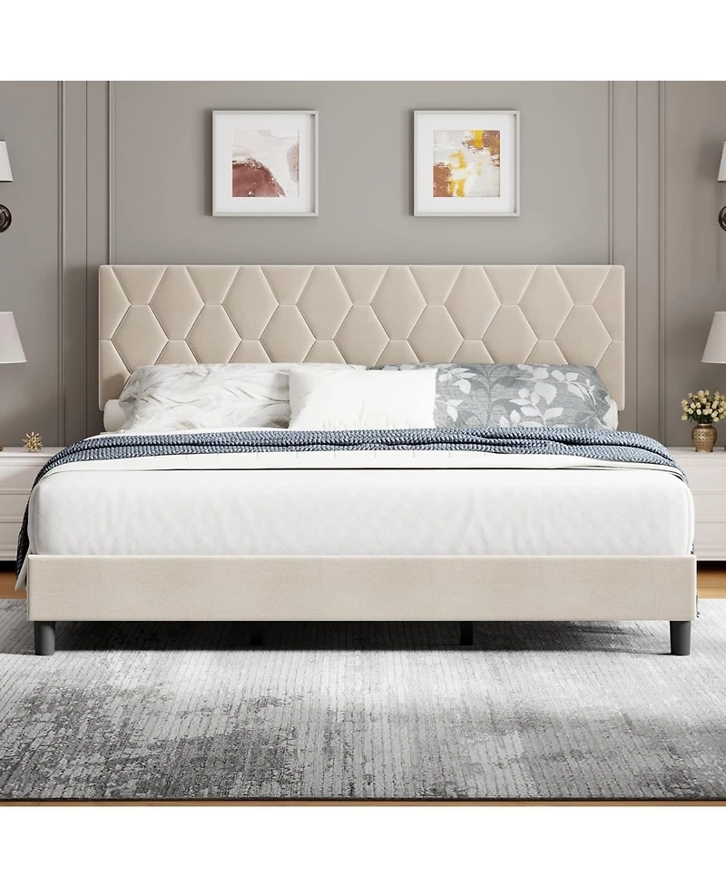 gaomon Bed Frame with Adjustable Headboard, Upholstered Platform Sturdy Wood Slats Support, No Box Spring Needed