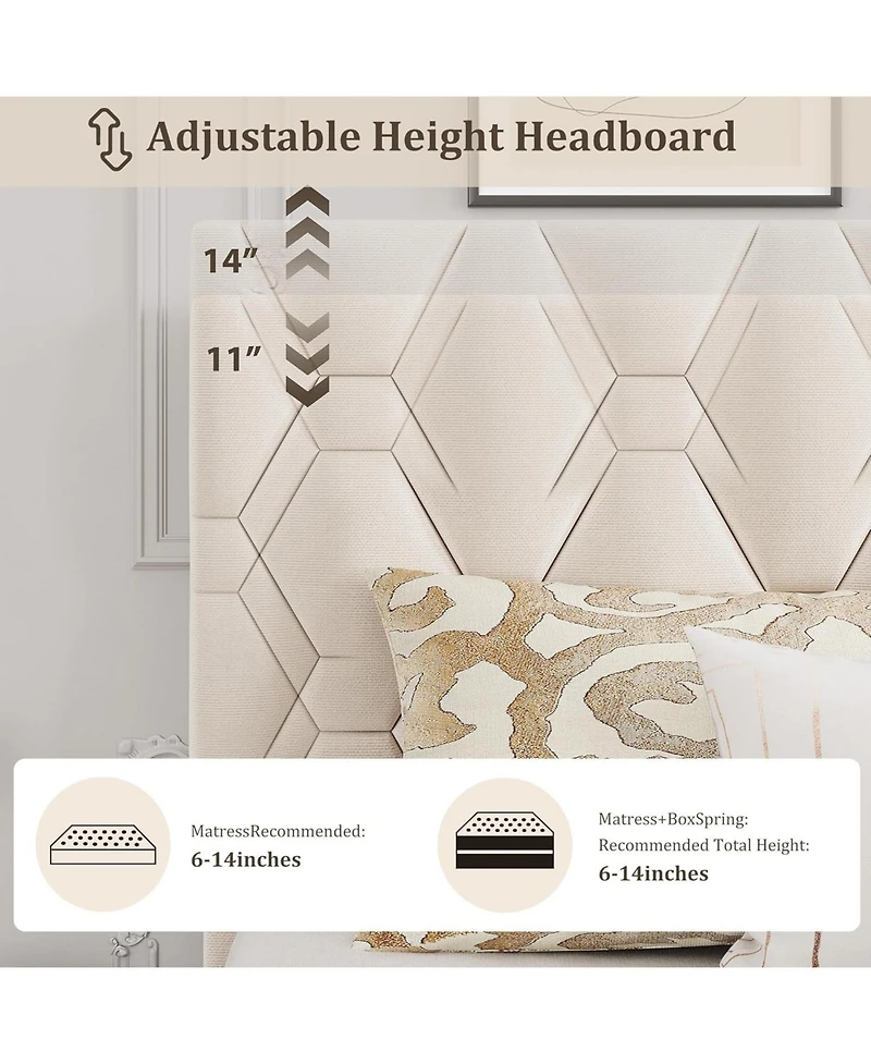 gaomon Bed Frame with Adjustable Headboard, Upholstered Platform Sturdy Wood Slats Support, No Box Spring Needed