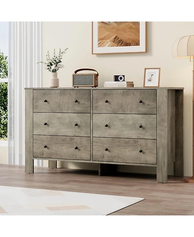gaomon Grey 6 Drawer Dresser for Bedroom, Modern Wide Dresser Organizer with Storage Drawers, Wooden Chests of Drawers