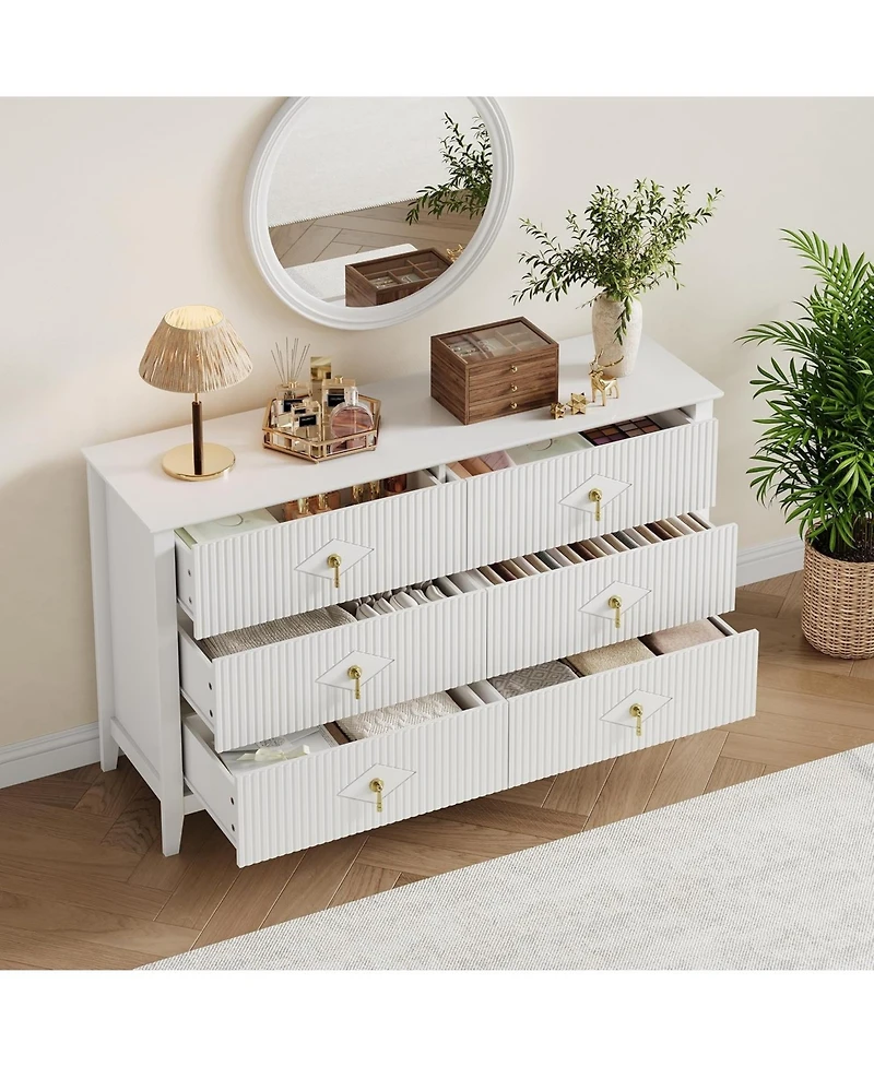 gaomon Fluted 6 Drawers Dresser for Bedroom, 54" Wide Modern Chest of with Metal Handle, Wooden Organizer Bedroom.