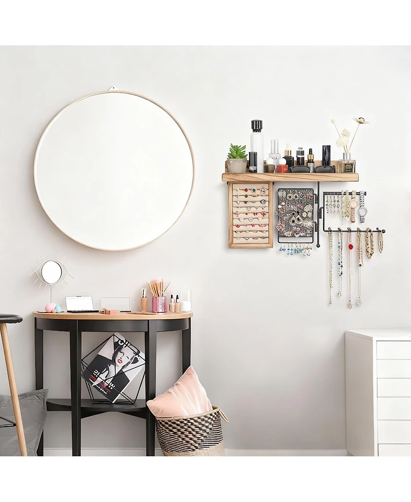 Yigii 4-in-1 Wall Hanging shelves: Wood Shelf, Ring Box, Peg Board, Rotating Necklace Rack