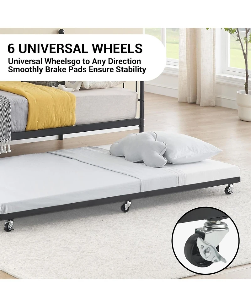 gaomon Modern Twin Daybed with Trundle and Backrest, Metal Sofa Bed Frame with Steel Slat Support and Art Sweet Heart Design,for Living Room