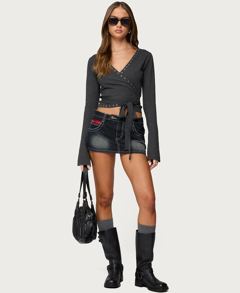 Edikted Women's Jakari Contrast Stitch Denim Mini Skort