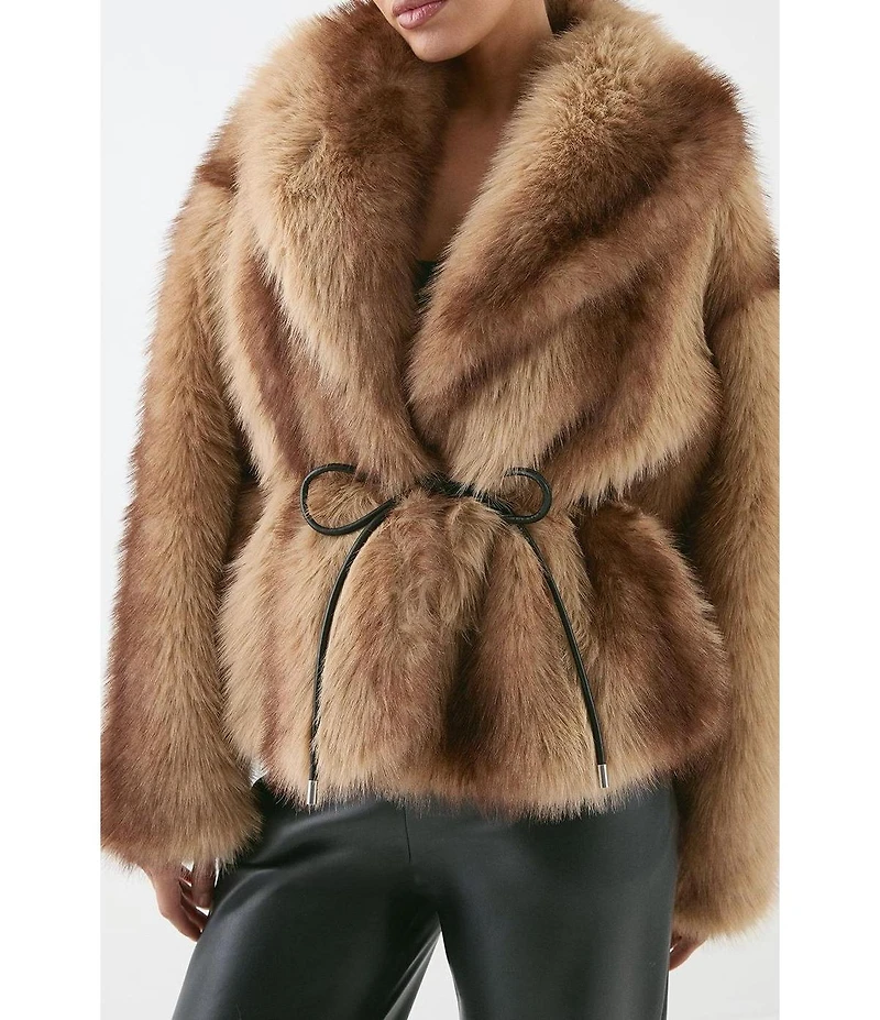 MissPap Women's Faux Fur Wide Collar Belted Jacket