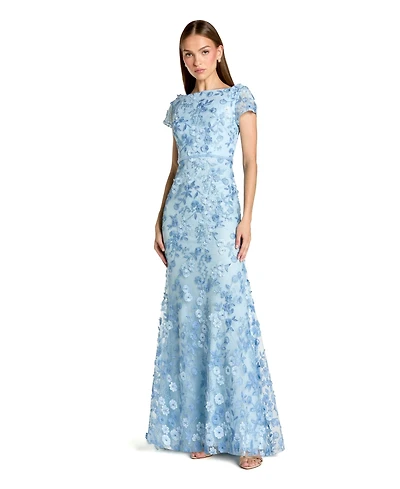 Women's Floral Applique Boat Neck Short Sleeve Gown