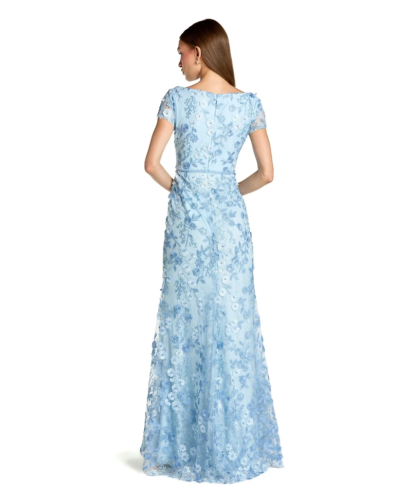 Women's Floral Applique Boat Neck Short Sleeve Gown