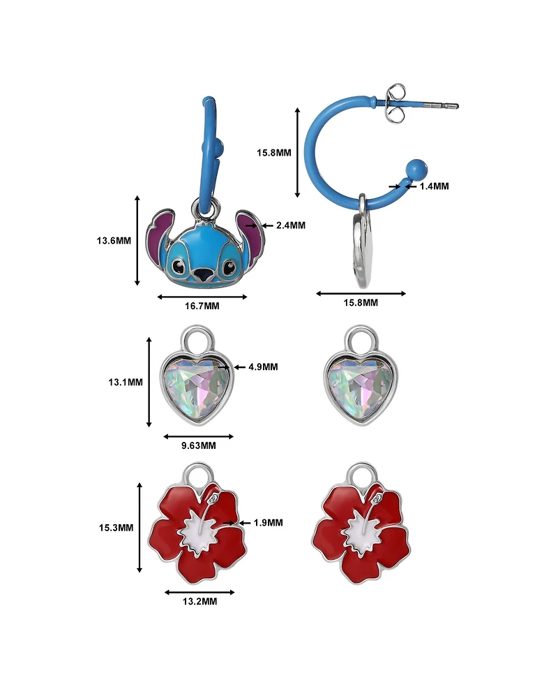 Disney Stitch Charm Hoop Earring Set, 1 Hoop with 3 Interchangeable Charms, Silver Tone