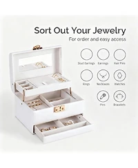 Yigii Leather Jewelry Organizer with 3 Drawers, Mirror, and Lock