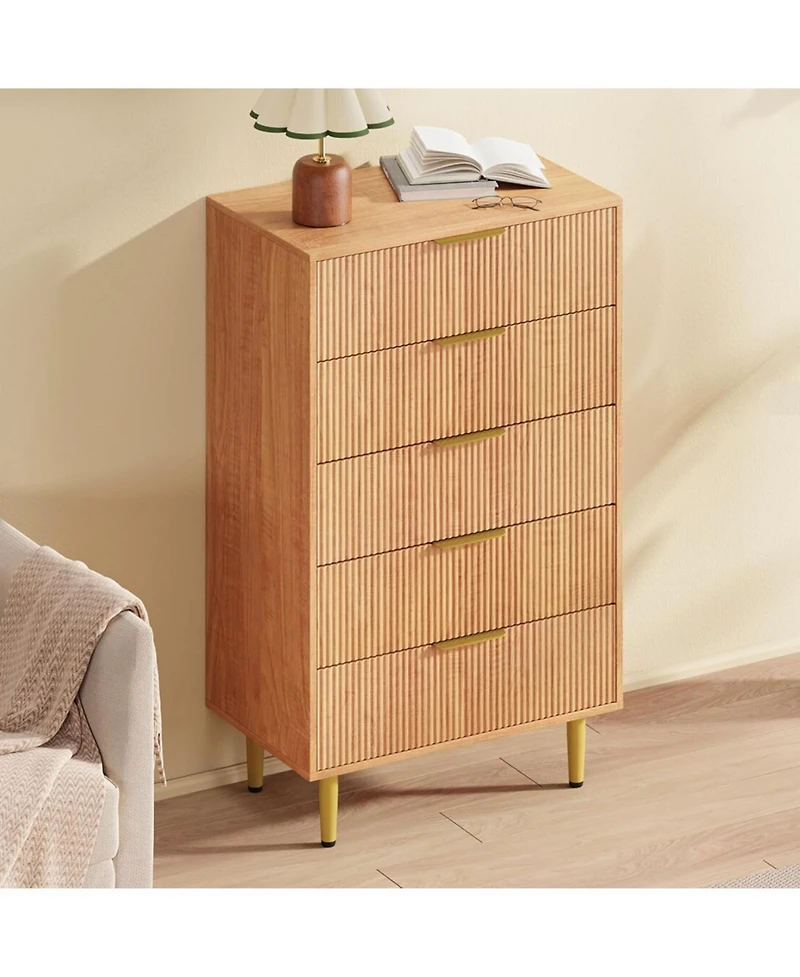 gaomon 5 Drawer Dresser for Bedroom, 29.5" Wood Chest of Drawers, Fluted Dresser with Metal Handle, Large Capacity Organizer for Hallway