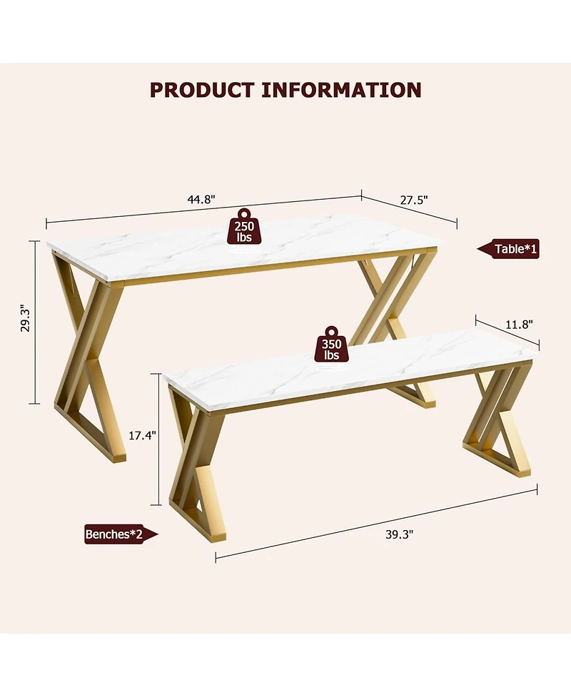 gaomon Kitchen Room Dining Table Set with Benches for 4, Sturdy Metal X Frame Space Saving