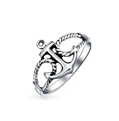 Bling Jewelry Nautical Sailor Boat Rope Anchor Ring Band Oxidized 925 Sterling Silver