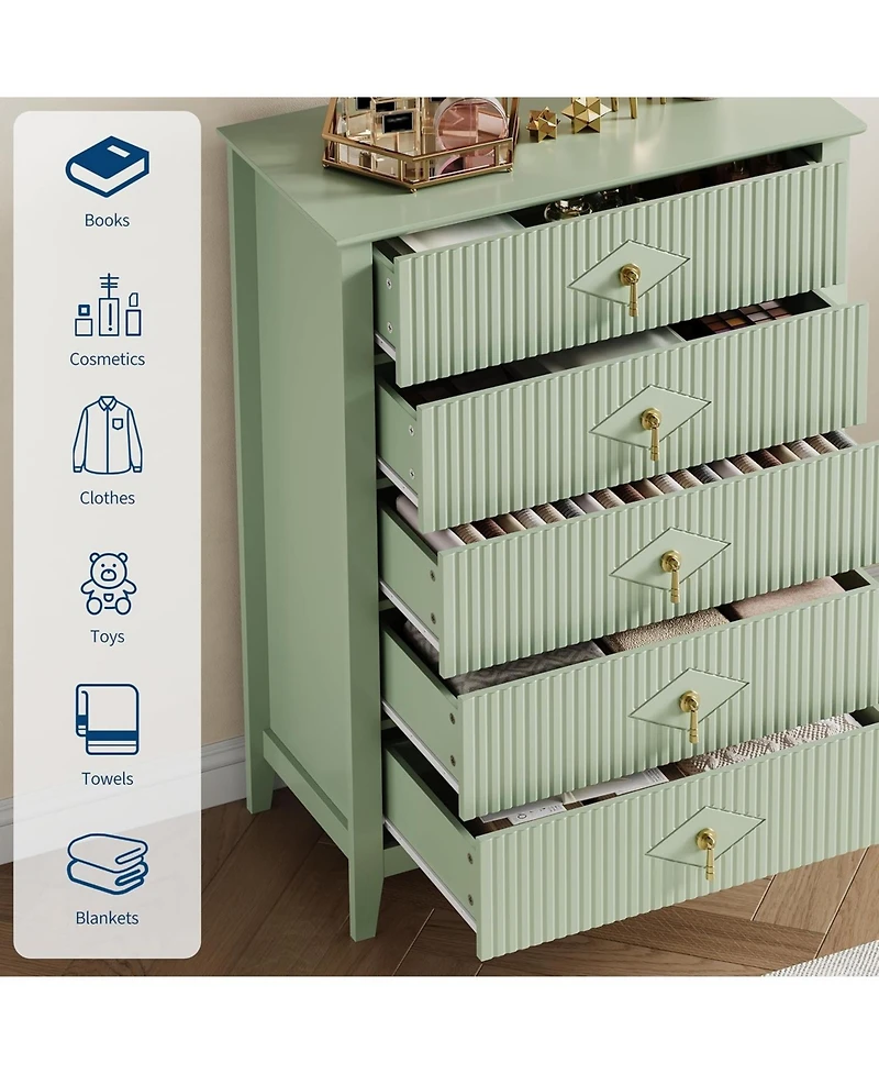 gaomon Fluted Dresser for Bedroom, 42.9" Tall 5-Drawer Wood Dresser, Modern Chest of Drawers, Storage Organizer Cabinet