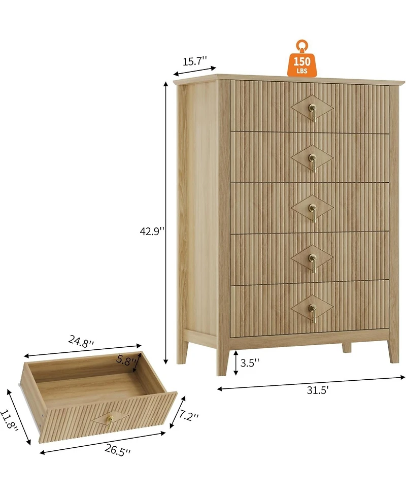 gaomon Dresser for Bedroom with 5 Drawers, 32 in Wide Modern Chest of Drawers with Metal Handle, Dresser Tv Stand, Wood Drawer Organizer for Bedroom