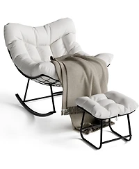 gaomon Oversized Outdoor Papasan Rocking Chair with Ottoman, Weather-Resistant Rattan Egg Rocker Metal Frame