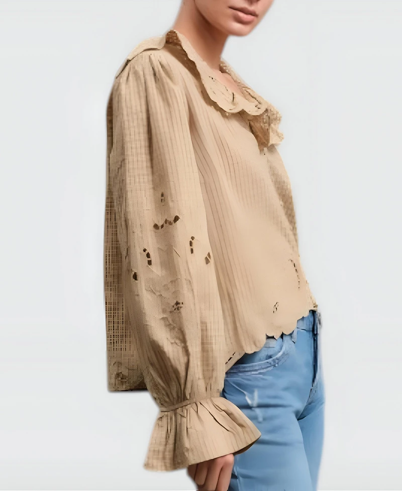 Modenaire Women's Florence Embroidered Ruffle Collar Puff Sleeve Blouse