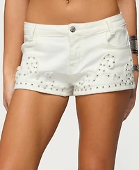 Edikted Women's Studded Patchwork Low Rise Denim Shorts