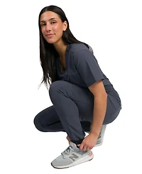 Medgear Women's Fleur Stretch Scrub Set with Zip Chest Pocket Top and Knit Rib Cuffs Jogger Pants