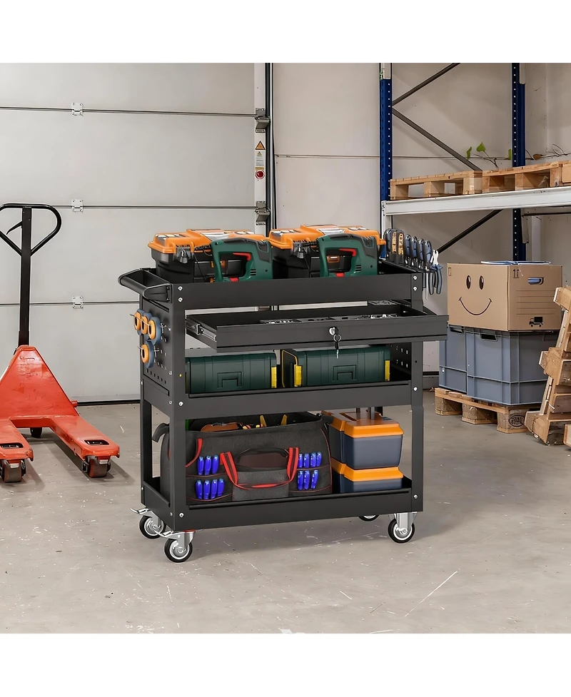 Yigii 3 Tier Rolling Tool Cart with Drawer & Pegboard, 550 lbs Capacity, Easy Assembly