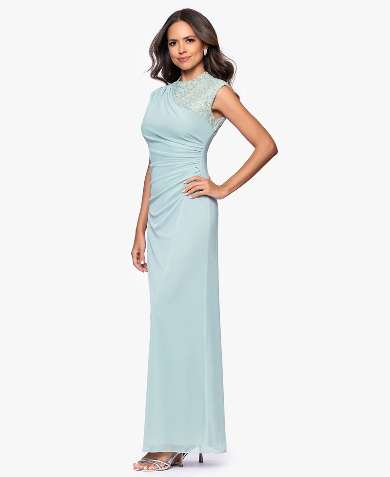Betsy & Adam Petite Lace Trim Ruched Sleeveless Gown