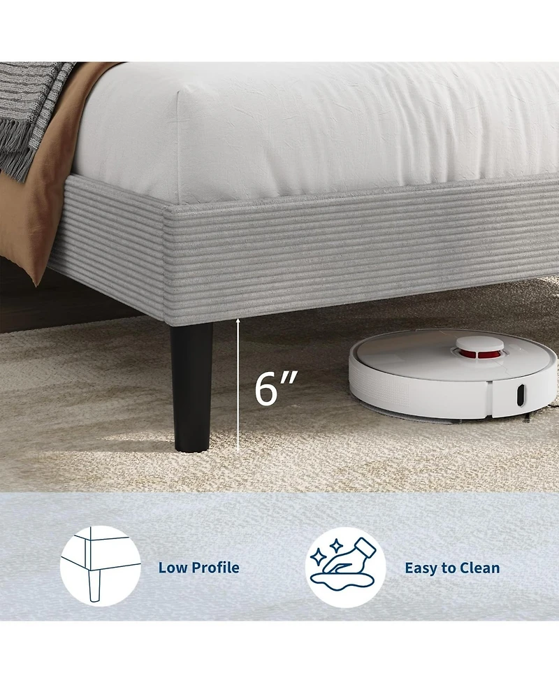 gaomon Twin Bed Frame with Charging Station, Corduroy Upholstered Platform Bed with Headboard Shelf, Wooden Slats, Noise Free, Easy Assembly