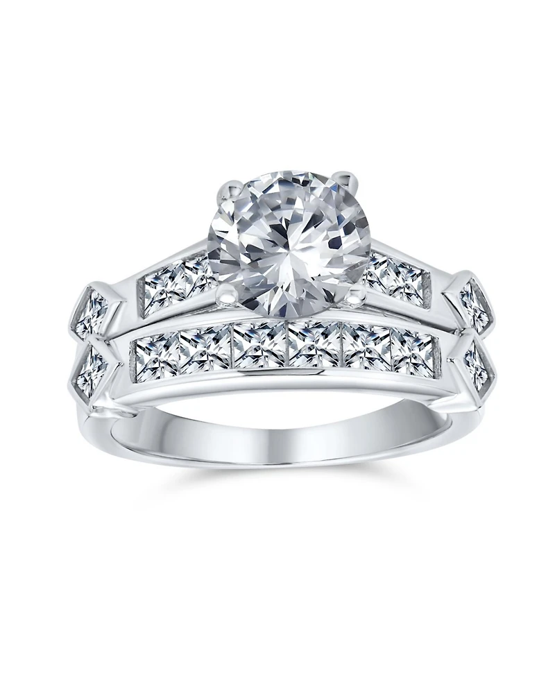 Bling Jewelry Classic Cz Art Deco 3CT Cubic Zirconia Promise Solitaire Ring Set & Band Sterling