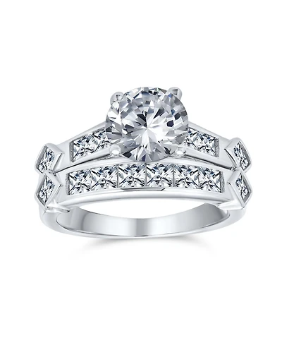 Bling Jewelry Classic Cz Art Deco 3CT Cubic Zirconia Promise Solitaire Ring Set & Band Sterling