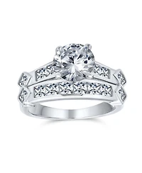 Bling Jewelry Classic Cz Art Deco 3CT Cubic Zirconia Promise Solitaire Ring Set & Band Sterling