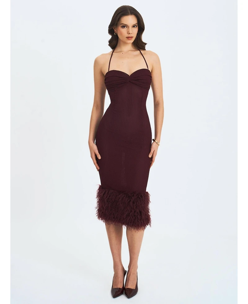 Miss Circle Women's Pluma Maroon Halter Faux-Fur Trimmed Midi Dress