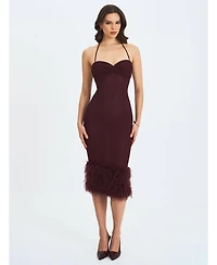 Miss Circle Women's Pluma Maroon Halter Faux-Fur Trimmed Midi Dress