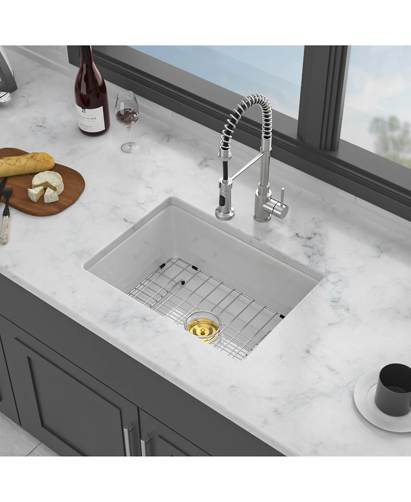 flynama huluwat Undermount Single Bowl Porcelain Ceramic Kitchen Sink Dual Mount White Ceramic Rectangular Deep Basin