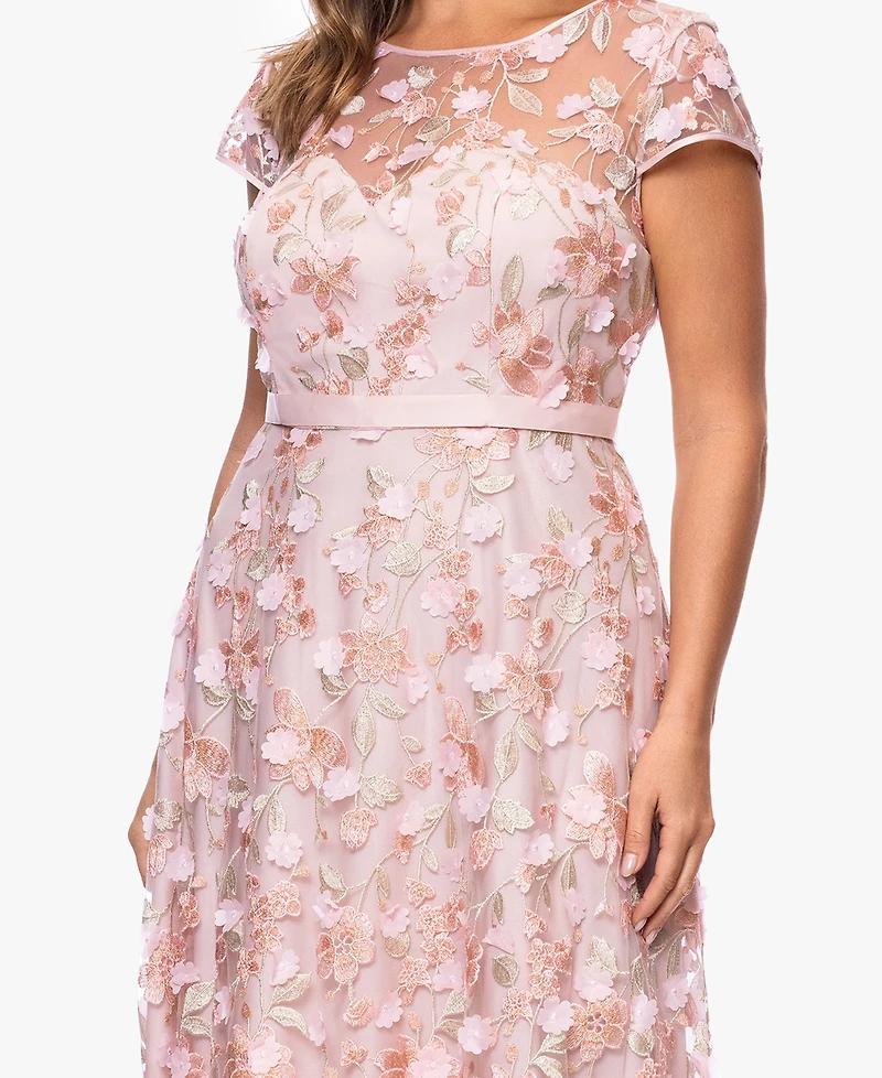 Xscape Plus-Size Short-Sleeve 3D Floral Embroidered Ball Gown